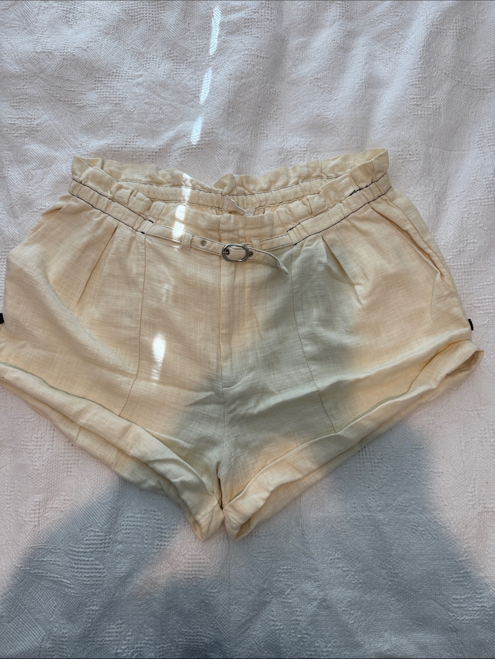 Anthropologie Cream High-Waist Linen-Blend Shorts with Belt Detail